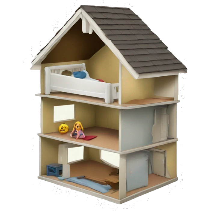 A broken-down dollhouse with a doll sitting inside, lifeless and blank-eyed emoji