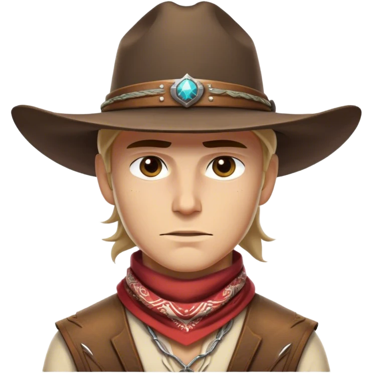 Clash of Clans aesthetic friendly Cowboy Portrait Emoji, With a rugged yet stylized build wearing a classic wide-brimmed hat and bandana, his face rendered in a natural skin tone (not yellow), determined eyes and a steely gaze, Simplified yet dynamic features, highly detailed, glowing with a warm, sunlit frontier radiance, high shine, brave and spirited, stylized with an air of Wild West heroism, focused and ready, soft glowing outline, capturing the essence of a fearless cowboy adventurer ready to ride into epic quests! emoji
