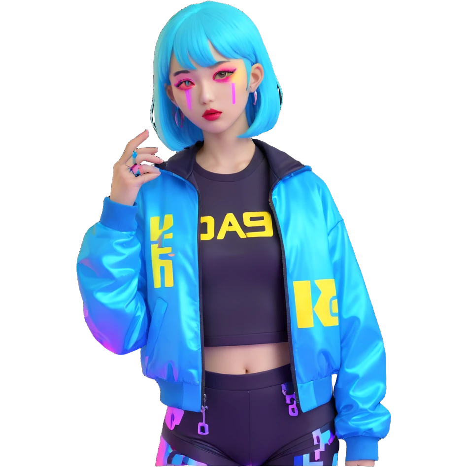 Cyberpunk Japanese girl with neon blue wig, holographic jacket, digital glitches effect, dark background with purple neon glow emoji