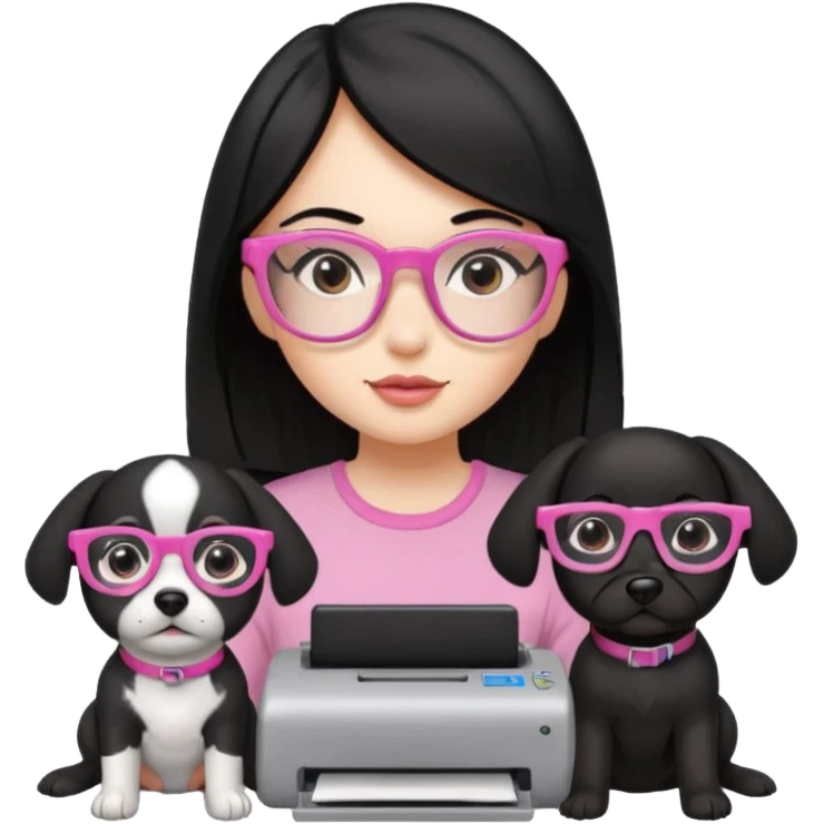 Una chica con pelo negro y lentes rosados, con una impresora negra y dos perras, la primera de color marron y la otra negra emoji