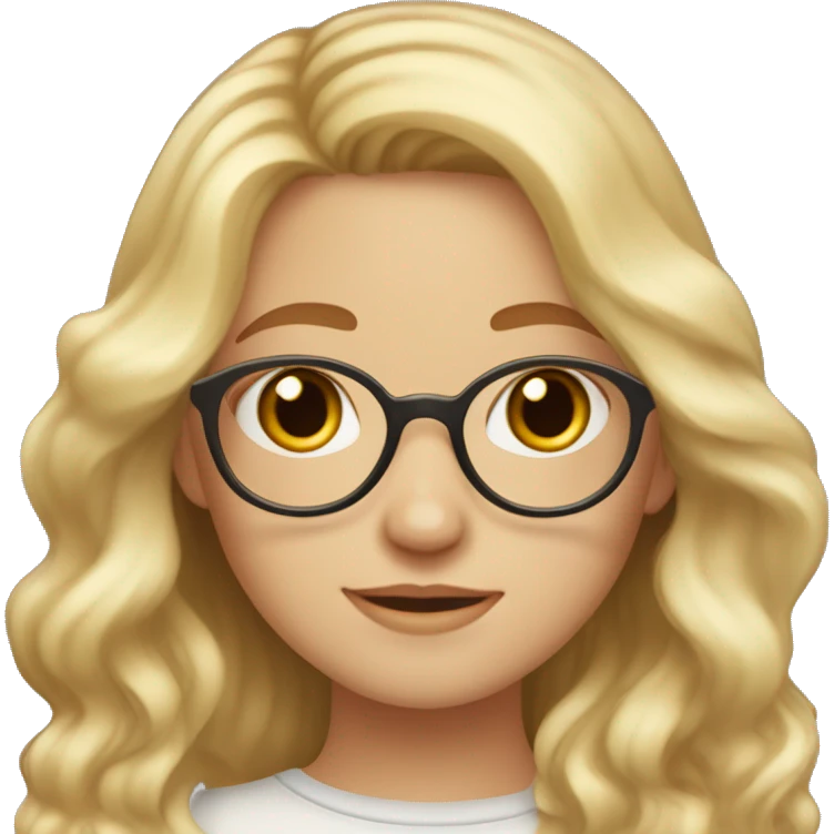 Girl with wavy long hair with blonde highlights, pale skin, red cheeks, brown rounded glasses, oval face, round nose and freckles  emoji