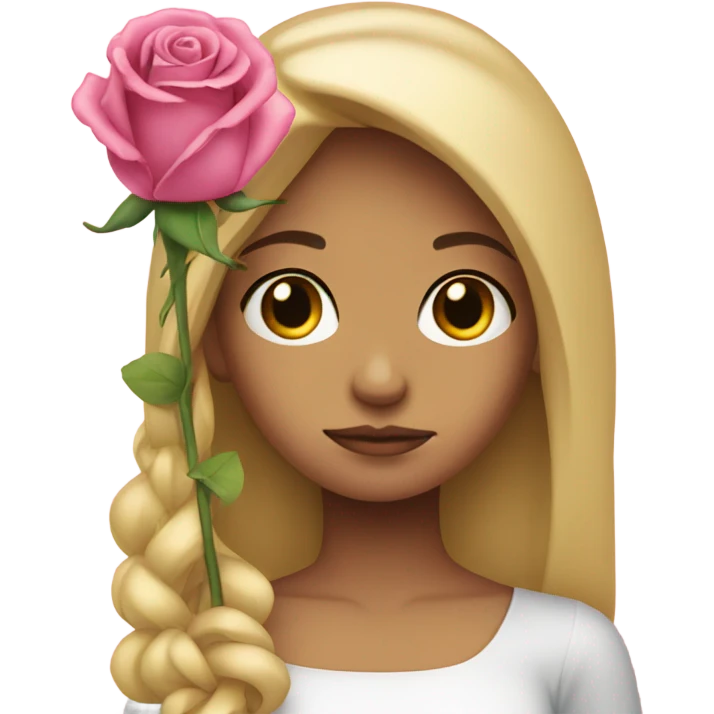 Sad looking blonde girl holding a pink rose emoji