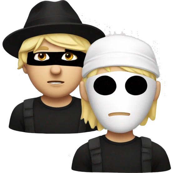 Blond man with white and black t shirt a black hat and a robber mask emoji