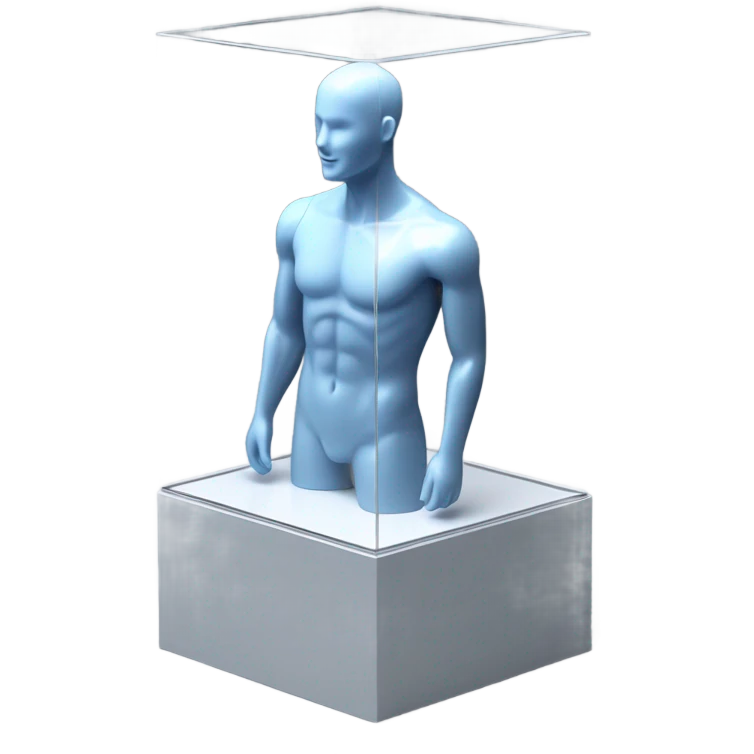 male mannequin abs cubes inside a glass cube on a stand isometric view emoji