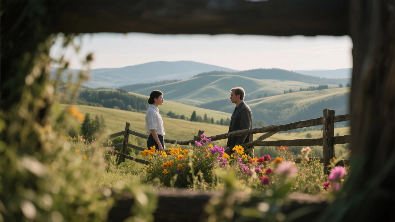 "Two shot" in the foreground, blurred plants in the foreground (frame within a frame), a wooden fence and colorfull flowers in the midground, Poland, rolling hills in the background, cinematic depth of field, layered composition, natural lighting emoji