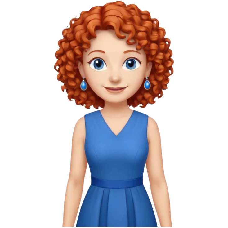 una profesora mayor simpática con el pelo rojo rizado, ojos azules, vestido azul y pendientes azules hablando sonriendo altura completa  emoji