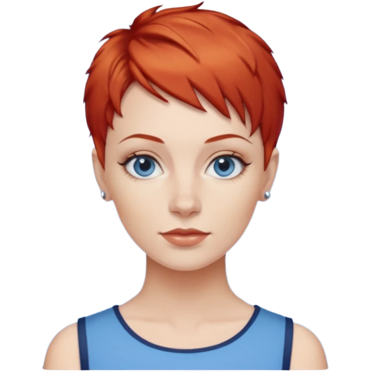 27 year old white woman, red hair, pixie cut, blue eyes emoji