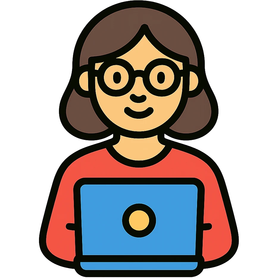 a woman with eyeglasses holding a laptop, flat icon style emoji