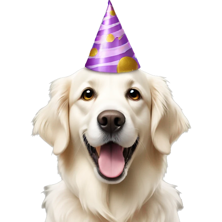 white golden retriever with birthday cake and party hat emoji