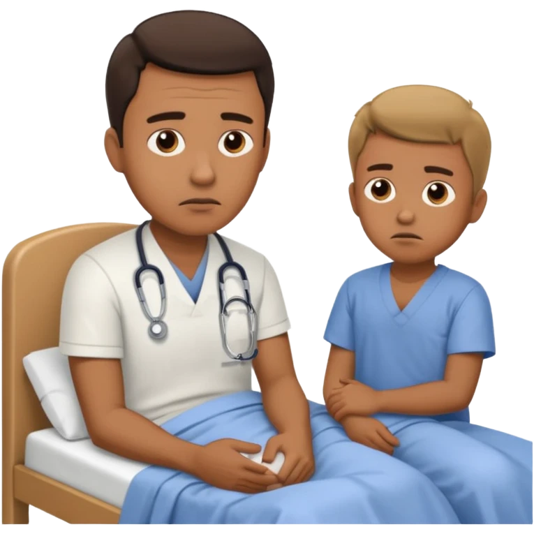 father sitting next to the hospital bed of son emoji