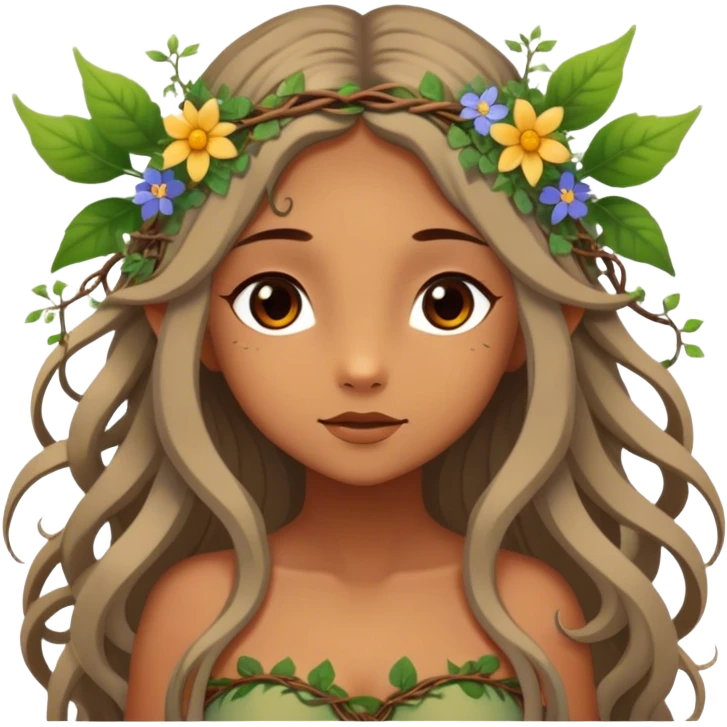 Cinematic Realistic Forest Nymph Fairy Portrait, depicted with lifelike, sun-kissed tanned skin that radiates an earthy glow, softly illuminated by natural, dappled light. Her long, flowing hair is intricately detailed and interwoven with delicate vines and wildflowers, while her deep, soulful eyes mirror the wisdom of the forest. Dressed in an attire inspired by nature’s palette—with subtle botanical motifs—the portrait exudes a soft, enchanted glow that melds realism with woodland magic. emoji