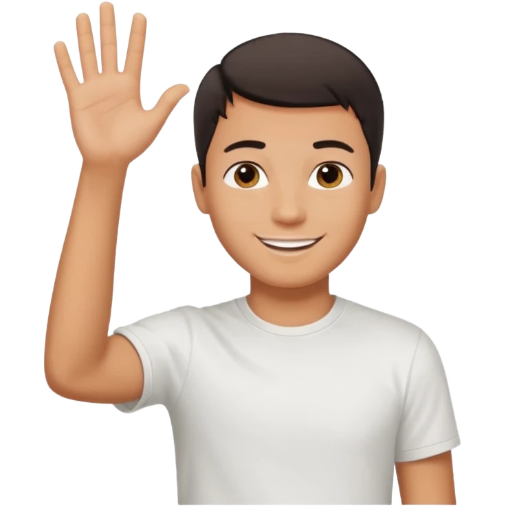 joven bronceado pelo oscuro muy cortito polera blanca sonrisa bonita saludando mano arriba emoji