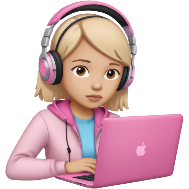 a girl with a pink laptop with headphones, color outline icon style, looking sad emoji