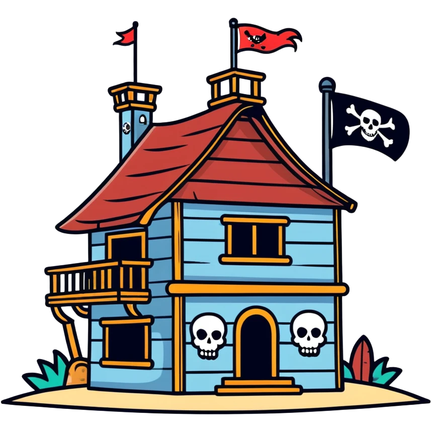 old pirate's house with skull flag emoji