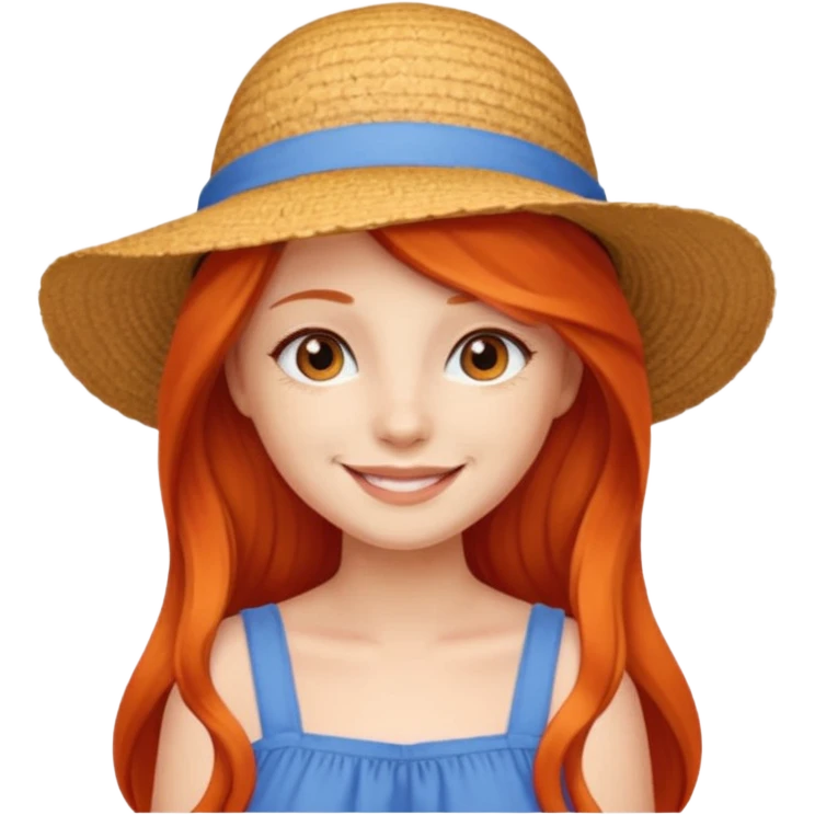 girl_wearing_summer_hat, red orrange long hair, blue dress emoji