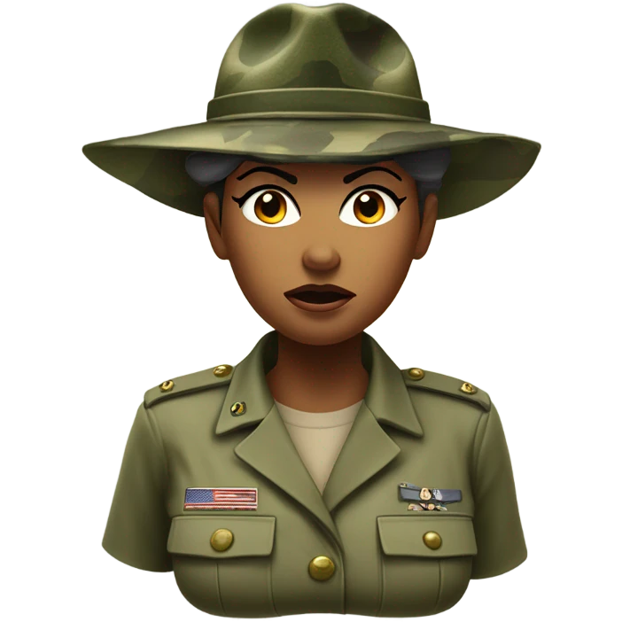 a female drill sergeant character wearing a classic sergeant hat and a camouflage army shirt. The character should have an angry intense expression. full torso emoji