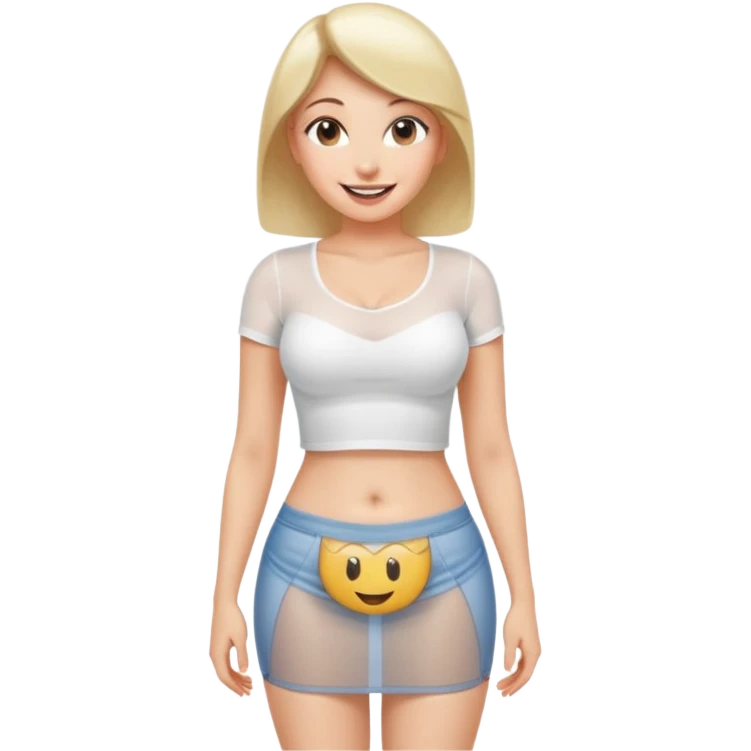 Sexy Mini skirt very short.  Her boobs are very large.  She is wearing a white half T-shirt that shows her belly button.  The shirt is tight and see-thru emoji