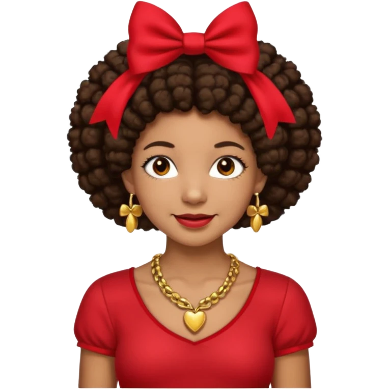 Brownskin girl dark brown hair afro pigtails with red bows brown eyes smiling closed mouth red shirt gold esrrings gold necklace emoji