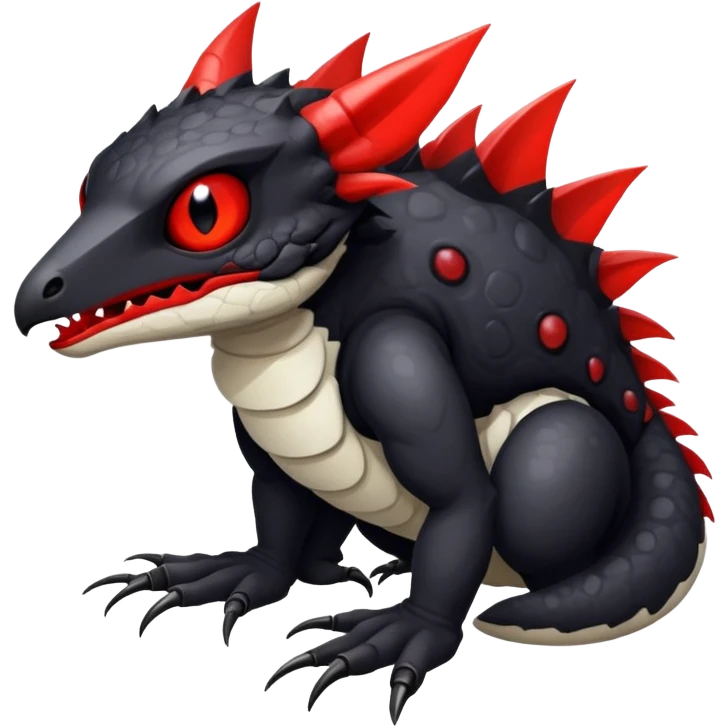 a white exotic edgy vernid-fionbr-Fakémon-creature, with black belly and red eyes, full body emoji