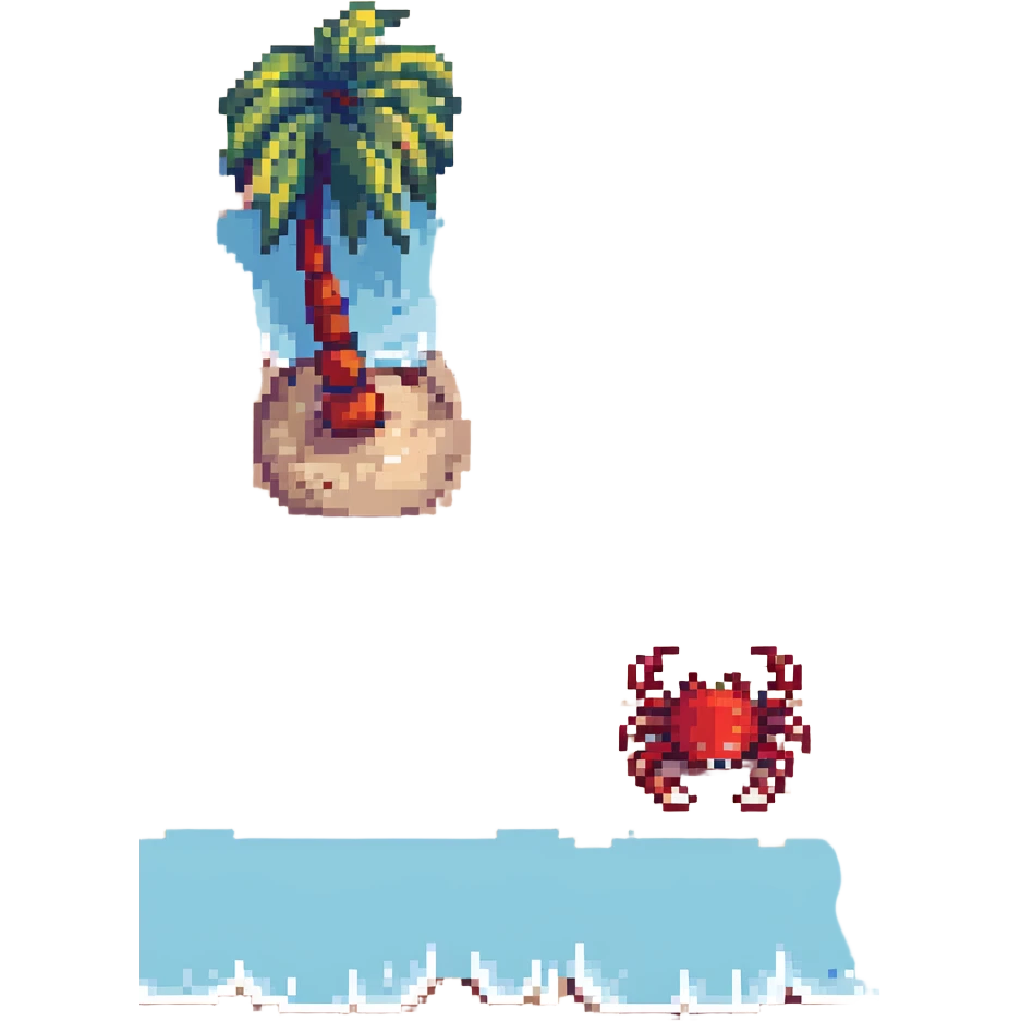 Add a small red crab on the sand near the palm tree in 16-bit pixel art style. Keep gentle waves, soft sand, and clear blue sky as in the original image. emoji