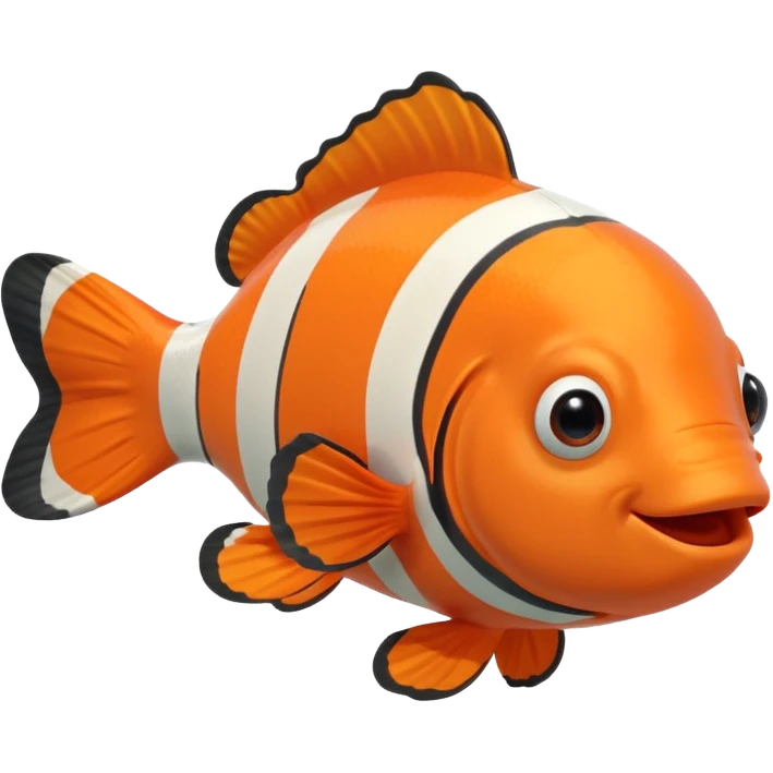 Full body of a clownfish with bright orange and white striped body, small fins, rounded tail, big black eyes, smiling expression, cartoon style, floating in water, front-facing emoji