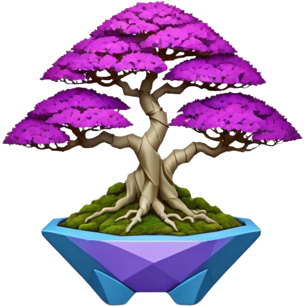 Futuristic wild glowing et alien moss maples Bonsai hair-fine-leaf group crimson crystal boxwood purple and cream pink blue informal rocky cliffhanger eight trees forest planting in shallow origami slab style pot with big feet  emoji