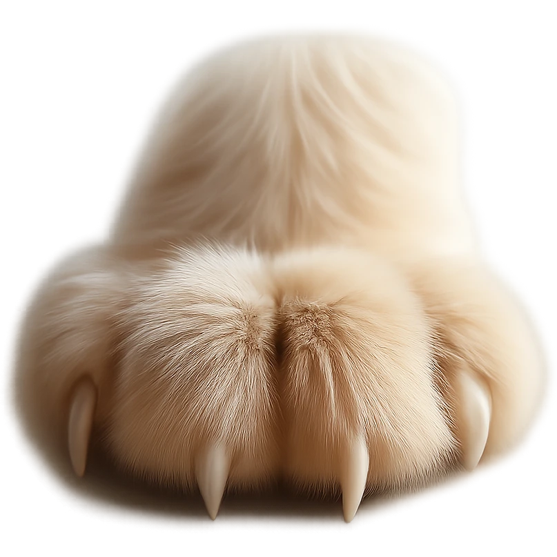 Remove the background from the image, keep the fluffy cat paw with realistic texture, soft lighting, and gentle shadows. The image should have no background, focusing on the paw only in a realistic style. emoji