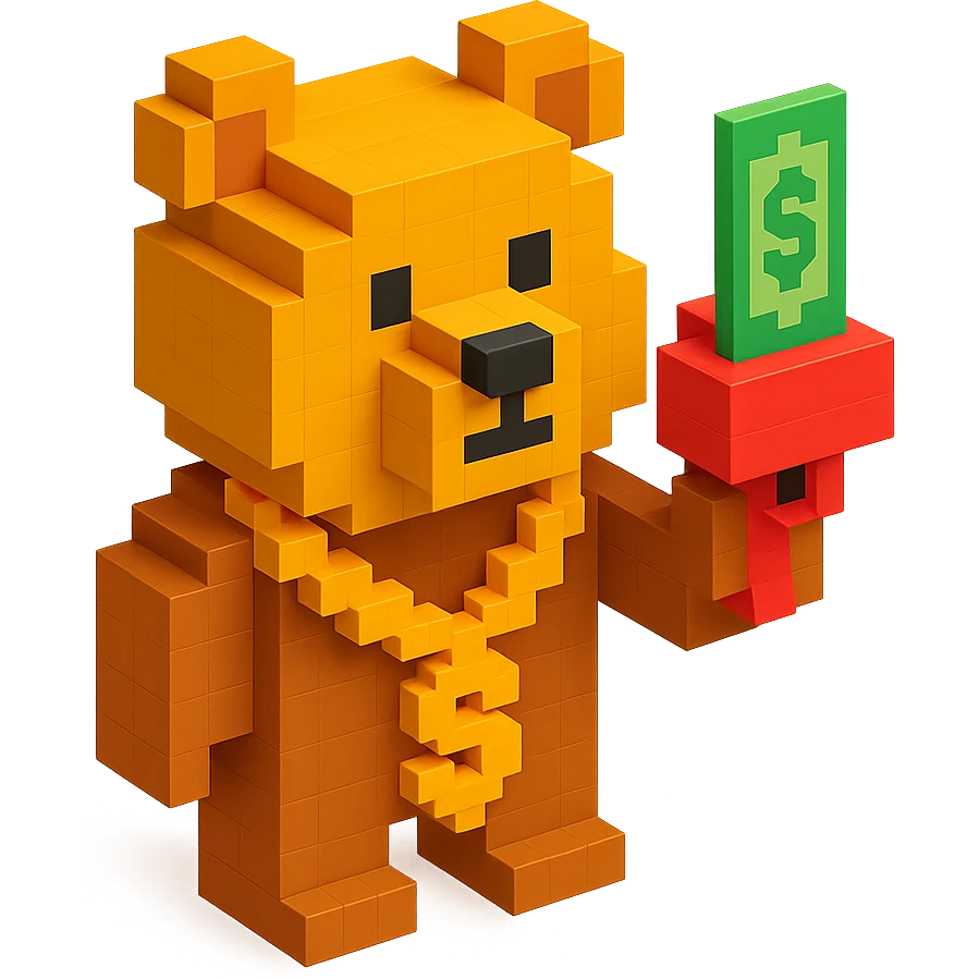 Russian grizzly bear wearing a rapper chain and holding a money gun emoji