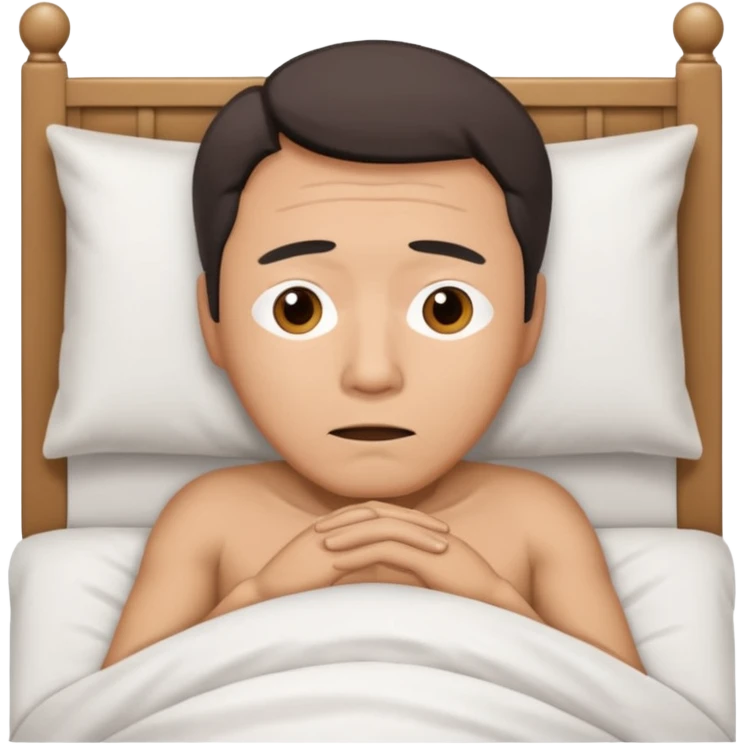 A middle-aged Asian man lying in bed, unable to sleep emoji