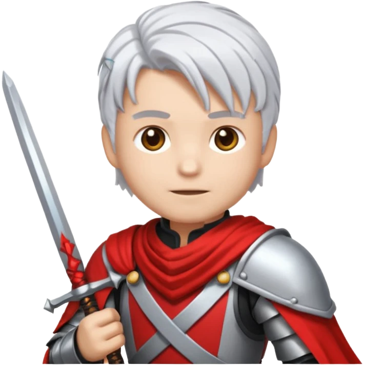 32x32 pixel art emoji, a white-haired boy holding dual swords, inspired by, heroic pose, silver-white hair, glowing red and silver swords, metallic armor details, vibrant colors, transparent background, high contrast, video game icon style. emoji