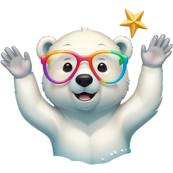 friendly anthropomorphised polar bear swimming in a crawl pose, wearing oversized colorful star glasses, excited expression, no festive outfit emoji