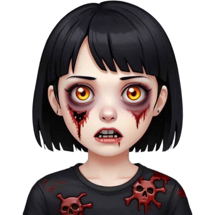 zoombie girl with black hair and short bangs wearing a destroyed black top  emoji