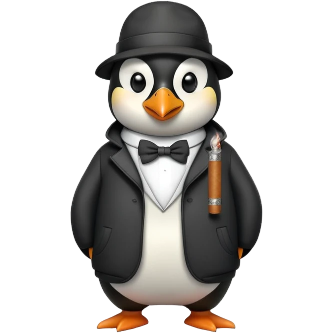 friendly anthropomorphised penguin wearing a mafia-style tracksuit, holding a cigar, secretive scheming pose, soprano vibe emoji