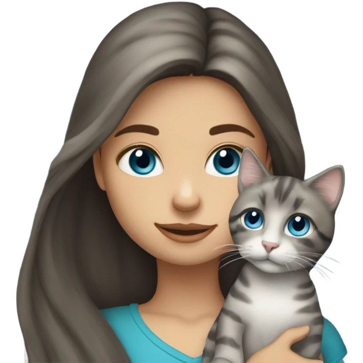 long haired brunette blue eyed girl holding grey tabby cat emoji