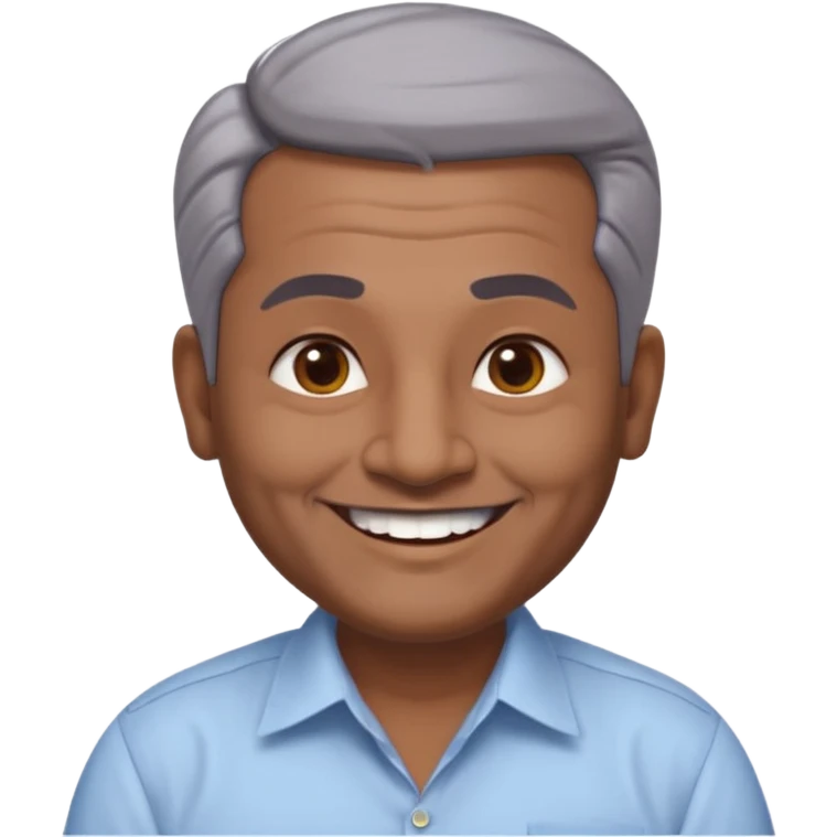 50 yr old indian man, dark skin, grey hair, big smile, white teeth, chubby, no moustache, clean shaven, young style hair, hair brushed back, 5 oclock shadow, bindy, dress shirt, forehead dot, chubby emoji