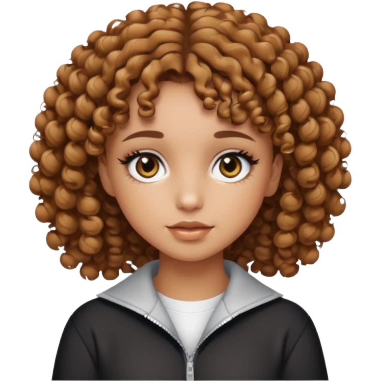 a light tanned girl with curly short length brown hair, black eyes, with y2k light color palette makeup and y2k outfit emoji