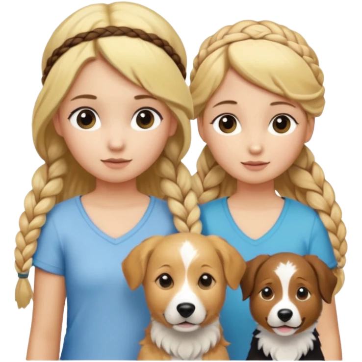 a group of 5 girls two blonde hair tied down one with a golden retriever next to her 1 blonde hair and in a braid  and one brown hair with a head band and 1 blonde hair in a small braid with a border collie next to her emoji