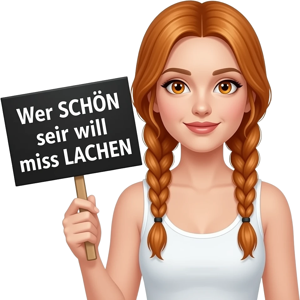 sexy girl with long ginger braids and ginger eyes wearing a white tanktop is holding a black sign with Wer SCHÖN sein will muss LACHEN written on it emoji