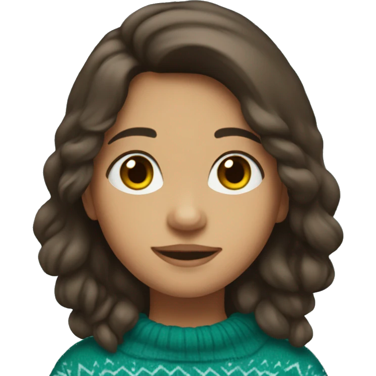 winter, christmas, hispanic, long brown hair, girl, brown eyes, child, full body, teal sweater emoji