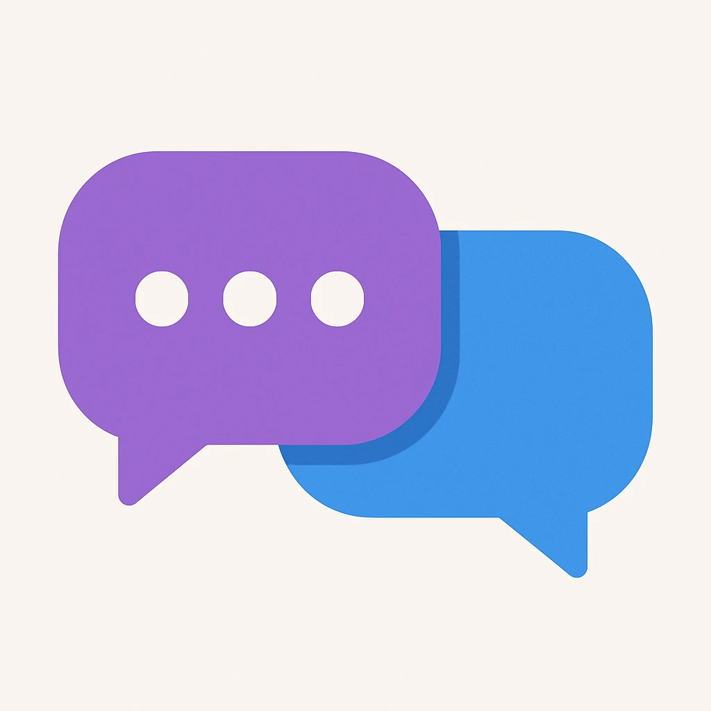 chat conversation bubbles, purple and blue, overlapping each other emoji
