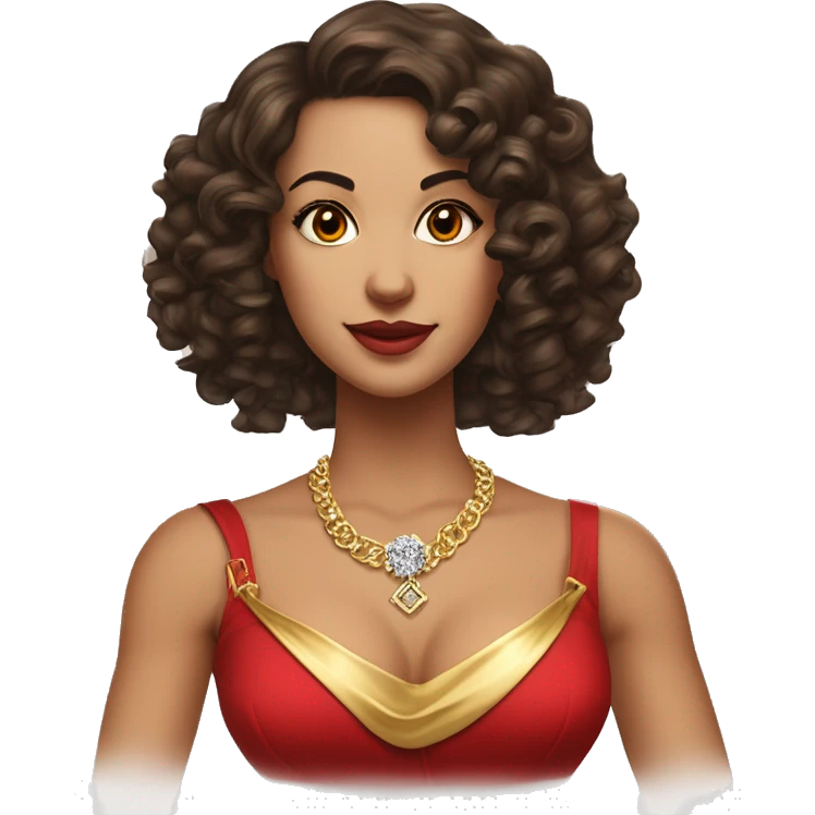 brunette woman with curly hair below the shoulder. loose curls and hair E parted on the left side. hair with more volume on the straight side. dark eyes. dressed in red sash top. wearing a golden necklace and a diamond tip. busty. medium size eyes emoji