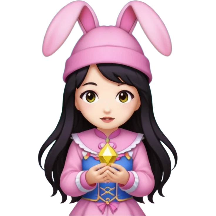 pixel art chibi asian girl with dark long hair in pink bunny ears hat magical girl with kawaii tarot cards thrown in air pixel emoji emoji