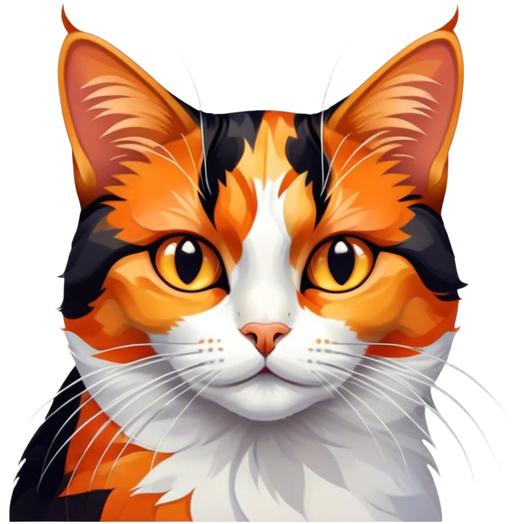 Cinematic Noble Calico Cat Portrait Emoji, Poised and regal, with a striking patchwork fur in vibrant orange, black, and white hues, delicate whiskers and a refined, focused gaze, simplified yet exquisitely detailed, glowing with a soft, moonlit radiance and an air of aristocratic elegance, high shine, exuding dignified intelligence and poised authority, soft glowing outline, capturing the essence of a watchful and noble calico cat that appears ready to grace the screen with effortless majesty! emoji