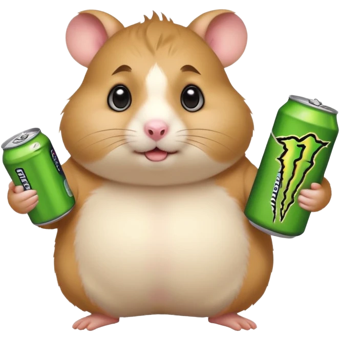 Funny cartoon-style fat hamster with big wide eyes  holding a can of monster energy in one hand and redbull in the other hand emoji