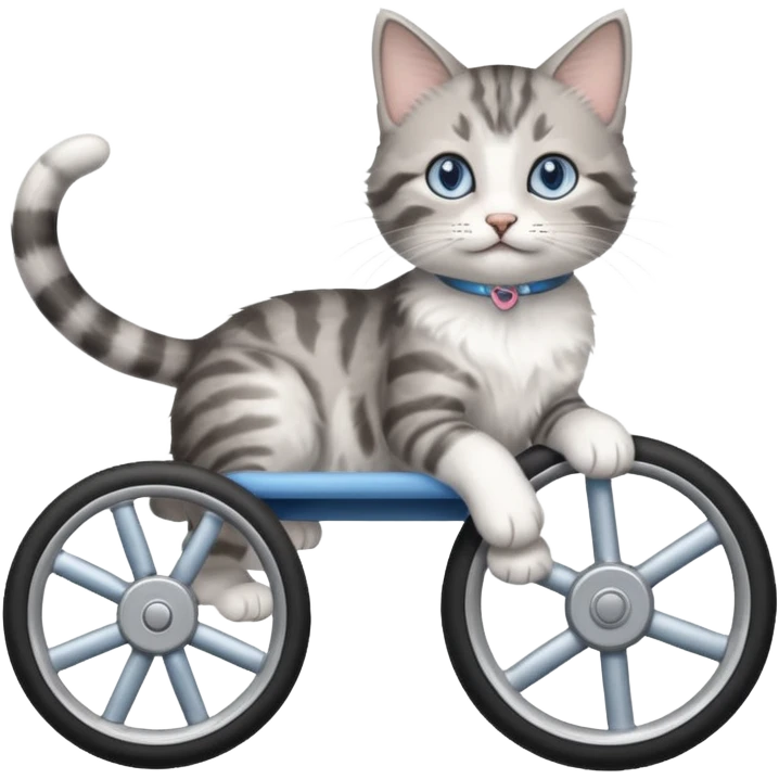 disabled grey and white small cat using a mobility wheel aide for cats emoji