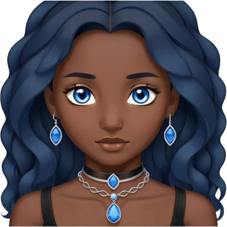 katara avatar with blue eyes, dark skin, long wavy dark black hair, sapphire on choker necklace  emoji