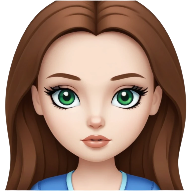 pretty bratz girl, long brown hair, dark green eyes, black eyeliner, pale skin, blue style emoji