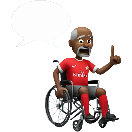 old black bald man with a round belly in wheelchair. angry face. grey stubble. he is pointing finger in front. wearing Arsenal soccer shirt. a speech bubble with the word: "Mojdeh!" emoji