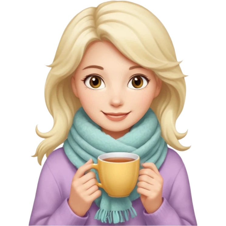 A warm-looking woman with a fluffy pastel scarf, smiling softly while holding a cup of tea. emoji