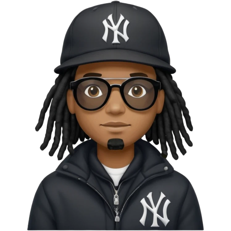 African American man with shoulder length black dreadlocks wearing black sunglasses with a New York Yankees baseball cap wearing a black bubble winter coat emoji